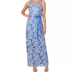 Adrianna Papell Women Blue Illusion Neck Tonal Lace Dress Size 12